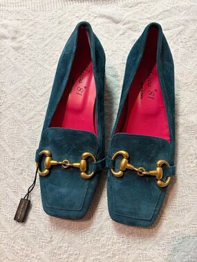 Ferca 81 teal suede loafers with gold buckle